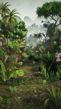 A jungle scene with plants and rocks photo