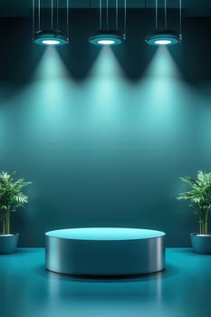 Teal pedestal display illuminated by spotlights photo