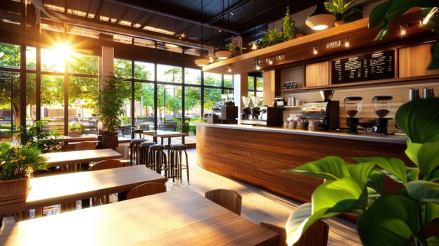 cozy coffee shop interior with warm lighting, plants, and wooden decor photo