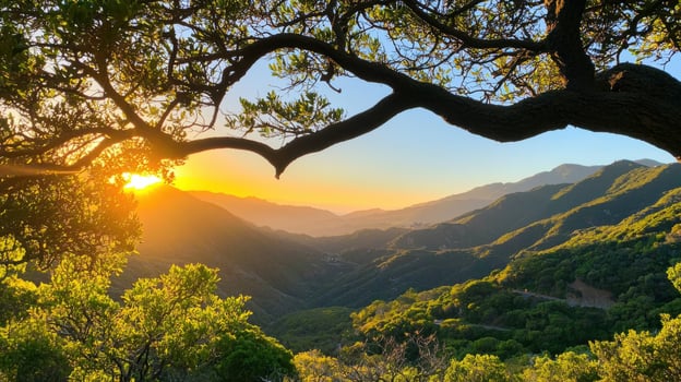 Breathtaking sunset over serene mountains framed by lush trees, creating tranquil atmosphere photo
