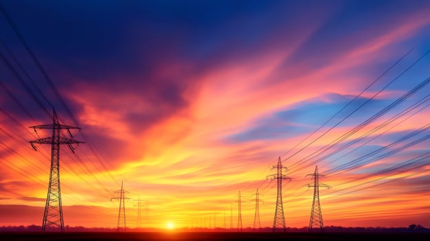 High voltage electric power lines at sunset illuminating colorful clouds photo