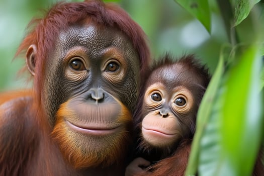 Mother orangutan holding her baby in lush rainforest photo