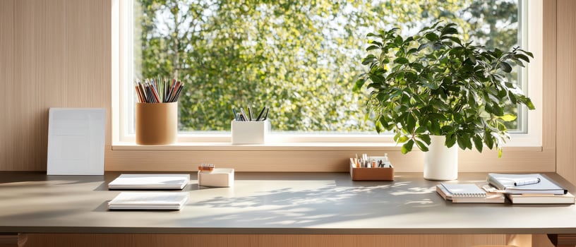Elegant minimalist workspace featuring monochromatic desk, plant, and stationery photo