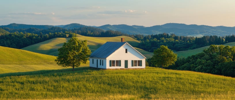 Serene nature scene of a quaint house surrounded by lush green fields background mountains vibrant environment photo