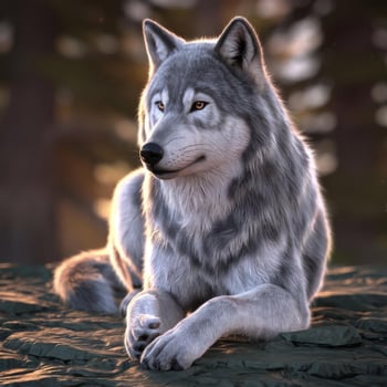 A wolf is sitting on a rock in the woods photo