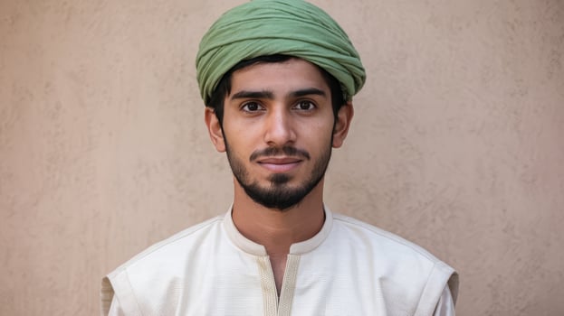 A young man wearing a turban and white shirt photo