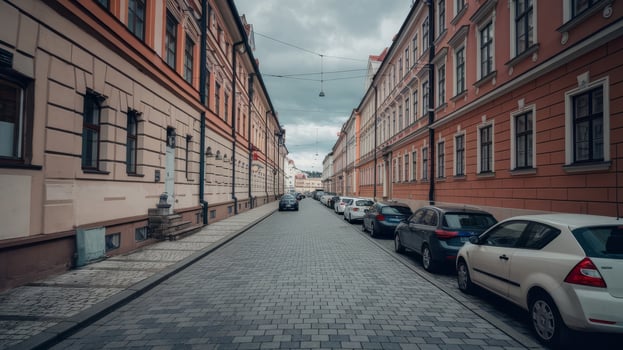Cars parked on the side of a narrow street photo
