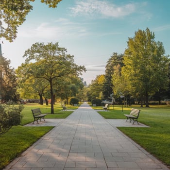 A walkway in a park with benches and trees photo