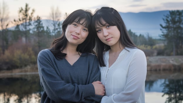 Two asian women standing next to each other by a lake photo