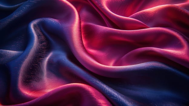 Close-up view of vibrant, flowing, multicolored silk fabric with soft folds and smooth texture. photo