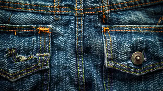 Close-up of denim jeans with distressed back pockets, showing seams, stitching, and rivets. photo