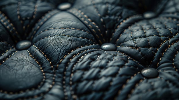 Close-up view of dark leather seat upholstery with gold stitching and rivets. Detailed texture, quilted pattern, and vintage look. photo