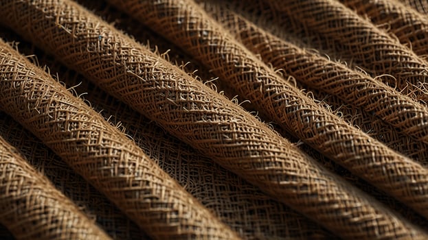 rough jute cloth surface in natural brown, illuminated by diffused morning light, emphasizing the coarse texture and visible fibers. Show the delicate interplay of light and shadow photo