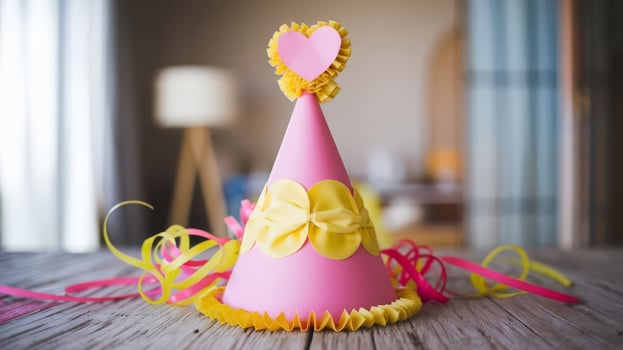 A pink party hat with yellow ribbon and a heart photo