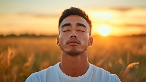 Young Man Meditating Amidst Serene Nature Sunset Landscape photo