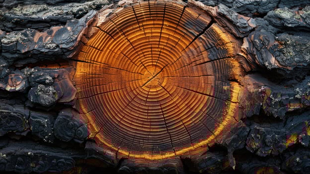 Close-up of a charred tree trunk with a vibrant, circular cross-section. photo
