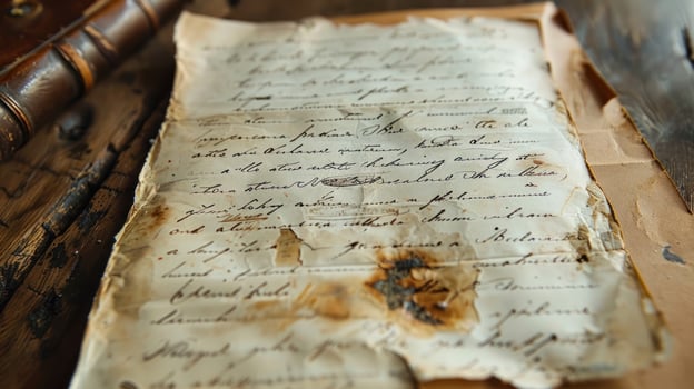 Aged, damaged handwritten letter on antique paper. photo