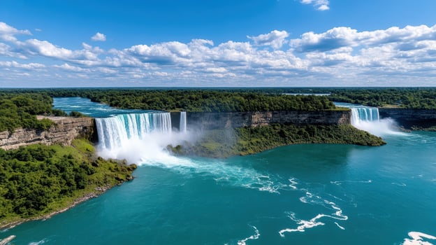 Aerial view of majestic waterfall cascading into river, surrounded by lush greenery and blue photo