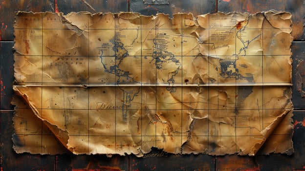 Aged, antique world map, crumpled and tattered, on a dark surface. photo