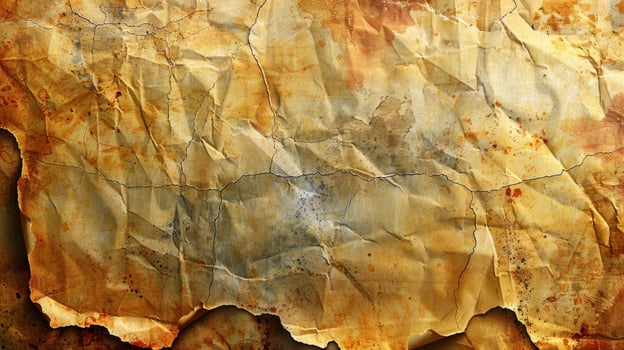 Aged, crumpled, distressed paper texture with cracks and stains. photo