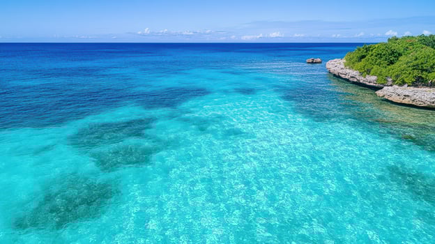 Aerial view of vibrant coral reef with clear turquoise waters and rocky shore photo