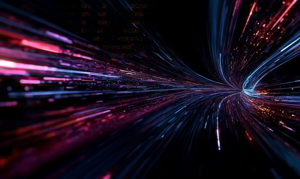 Abstract digital tunnel with vibrant streaks of light. Intense speed and movement through a data-rich tunnel photo