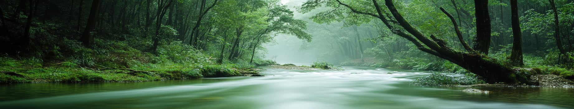 Serene river flowing through lush forest photo