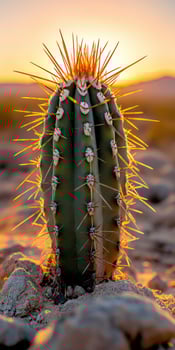A cactus plant with spikes on the ground at sunset photo