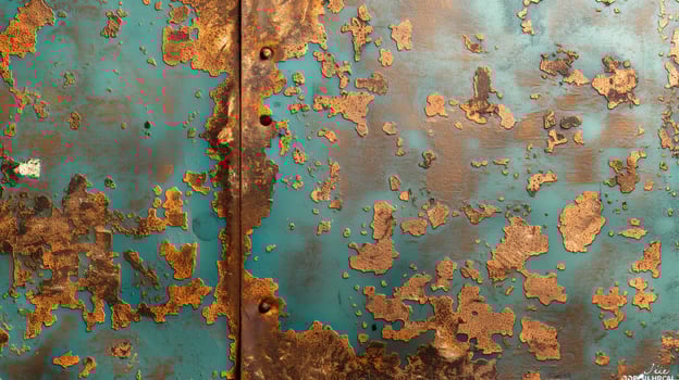 Close-up of a weathered metallic surface with turquoise patina and rust patches, showcasing unique textures and colors. photo
