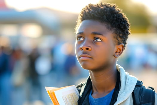 A young Black boy gazes thoughtfully into the distance, holding books in a vibrant outdoor setting. photo