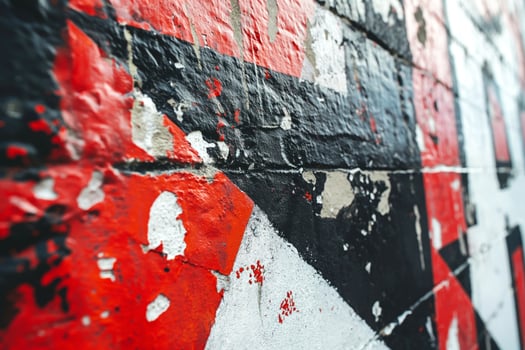 Close-up of a vibrant, weathered graffiti wall featuring bold red and black geometric patterns. photo