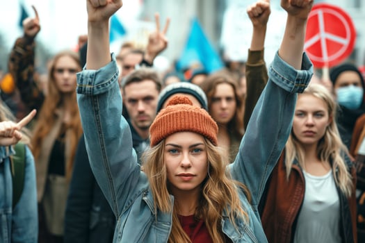 Confident young woman with blonde hair raises her fists during a peaceful protest, wearing a denim jacket and orange beanie. photo