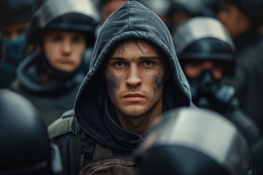 Intense young male protester amid a sea of riot police, showcasing determination and resilience in a charged atmosphere. photo
