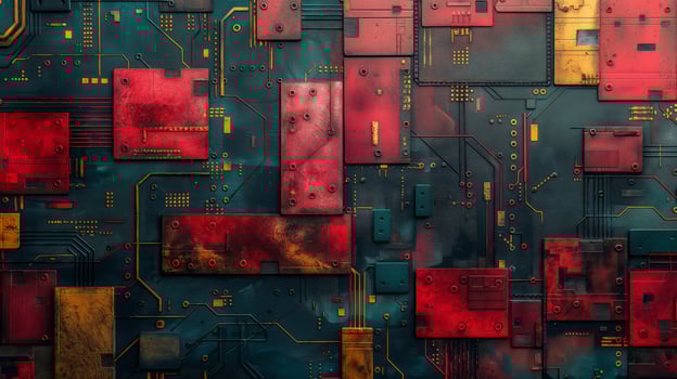 Abstract digital circuit design featuring a vibrant mix of reds, blues, and golds, evoking a sense of futuristic technology. photo