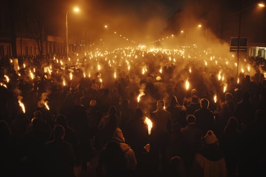 A large crowd of people holds torches, illuminating the night with flickering flames, creating a dramatic and intense atmosphere. photo