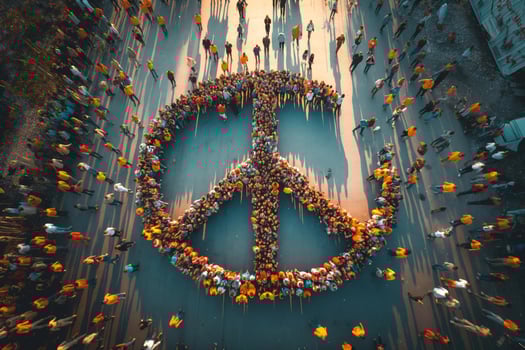 Aerial view of diverse participants forming a large peace symbol, showcasing unity and hope in a vibrant setting. photo