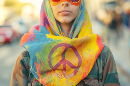 A young woman of Middle Eastern descent wears a vibrant peace sign scarf, reflecting a message of harmony in a lively urban setting. photo
