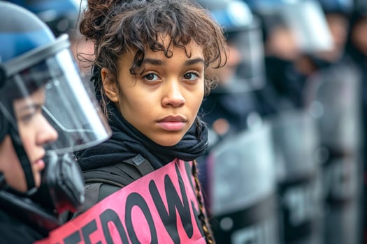 A young woman of mixed ethnicity stands determined among a protest, holding a sign and facing a line of police in riot gear. photo