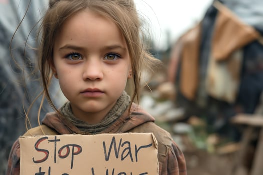 A young girl with light brown hair and striking blue eyes holds a sign saying 'Stop War' amid a desolate backdrop. photo