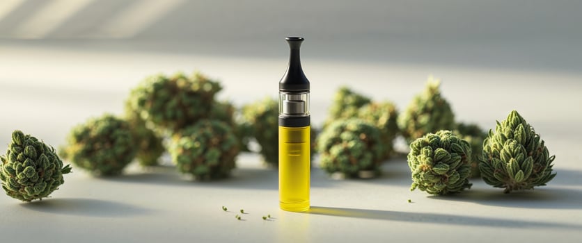 Closeup Yellow Cannabis Oil Cartridge and Buds photo
