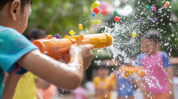 A child is playing with water guns in the park photo