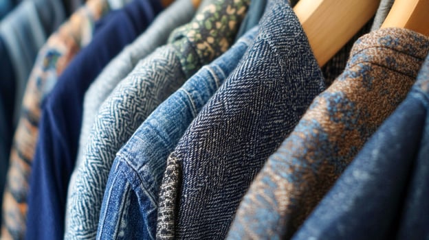 A row of blue and green shirts on hangers photo