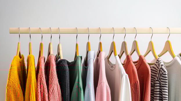 Colorful clothes hanging on a wooden rack photo
