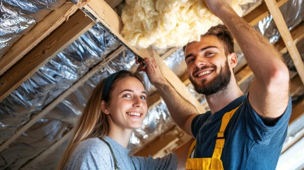 A man and woman are smiling while holding insulation photo
