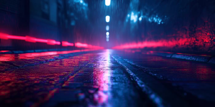 Rainy City Street at Night with Neon Lights Reflection on Wet Surface photo