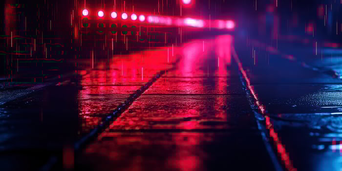 Rain Falling on City Street with Neon Lights Reflecting in Puddles photo