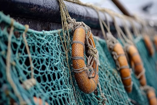 Lifebuoys hanging on fishing nets under overcast skies at the harbor during early morning hours photo