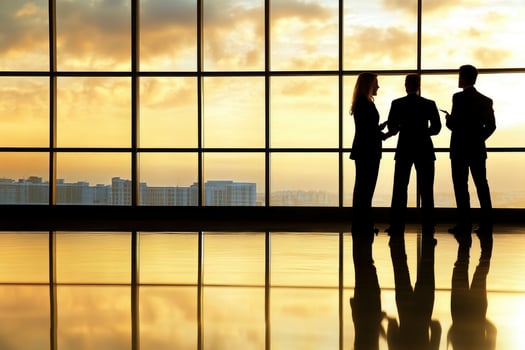 Business People Silhouetted Against Cityscape at Sunset Discussing Work photo