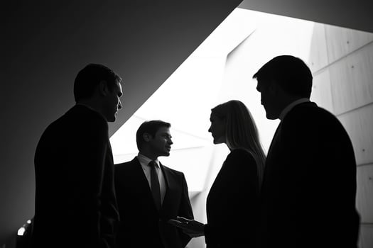 Business People Talking During Meeting in Office Building in Black and White photo