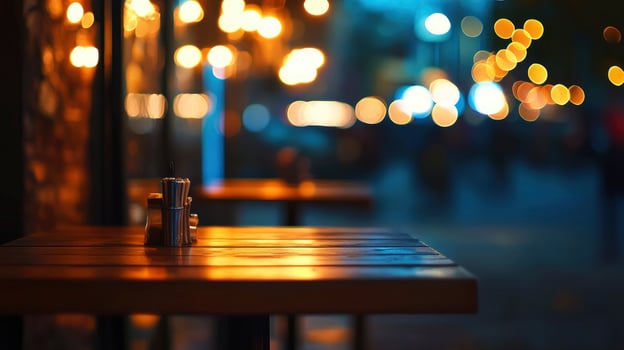 Wooden Table at Restaurant with Bokeh Lights Background at Night photo